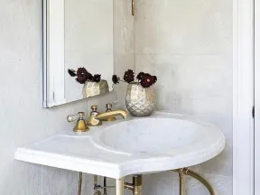 Elegant bathroom corner with white marble sink, brass faucet, vase with dark flowers, and wall sconce light.