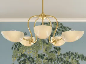 Elegant gold chandelier with four cream-colored glass shades hanging against a floral blue-green wallpaper background