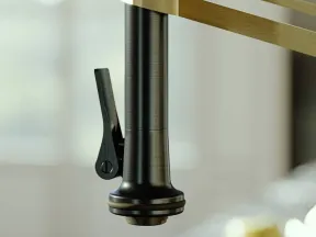 Close-up of modern kitchen faucet with black and brass finish against blurred background