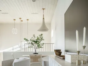 Modern cozy living space with neutral tones, round armchair, wooden dining table, and decorative green plant.