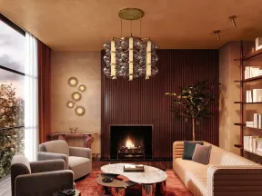 Cozy modern living room with beige sofa, gray chairs, marble coffee tables, fireplace, chandelier, and large window.
