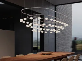 Modern dining room with large wooden table, rattan chairs, and spiral LED chandelier over the table.