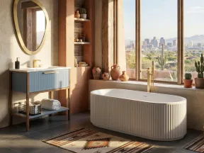 Modern bathroom with oval tub, blue vanity, round mirror, southwestern rug, and city view through large window.