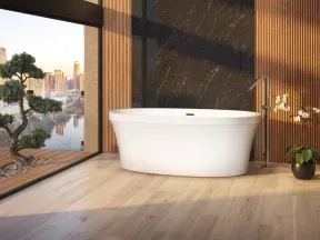 Modern freestanding bathtub in a wooden and stone bathroom with city skyline view through large glass windows.