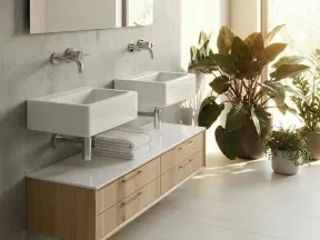 Modern bathroom with dual white sinks, wooden floating vanity, towels, and large plants by sunlit window.