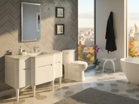 Modern bathroom with white freestanding tub, vanity, toilet, large window showing cityscape and autumn trees