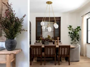 Bright modern dining room with wooden chairs, light hardwood floor, gold chandelier, and large green plants.