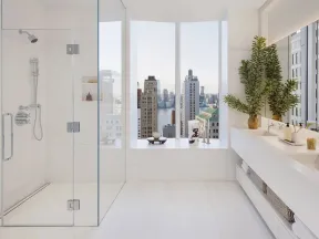 Bright modern bathroom with glass shower, double sink vanity, large plant, and city skyline view.