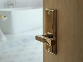 Close-up of a modern brass door handle on a wooden door with a blurred bathroom in the background