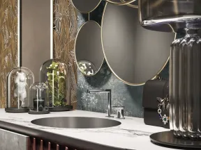 Modern bathroom vanity with marble countertop, round sink, decorative mirrors, and artistic glass domes with plants.
