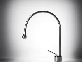 Sleek modern chrome kitchen faucet with high curved spout and single lever handle on reflective surface.