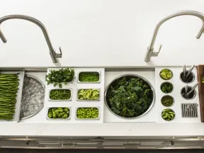 Overhead view of a modern kitchen sink with fresh green vegetables and herbs neatly arranged in compartments.