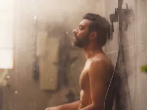 Man with beard enjoying a relaxing warm shower with steam and water droplets in a modern bathroom.