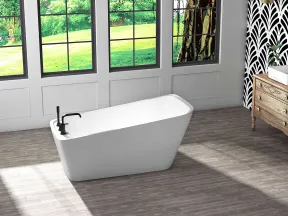 Modern bathroom with standalone white bathtub, black faucet, patterned wall, wooden vanity, and large window with garden view