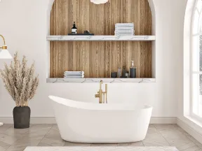 Modern bathroom with a white freestanding bathtub, wood panel wall niche, and large arched window.