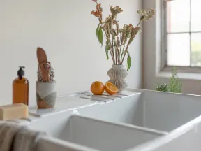 White farmhouse sink with dried flowers in a vase, sliced oranges, soap, and a towel in soft natural light.