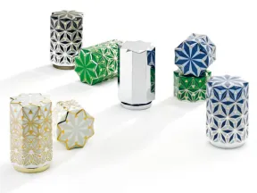 Decorative geometric patterned containers in blue, green, white, and silver with star-shaped lids on white background
