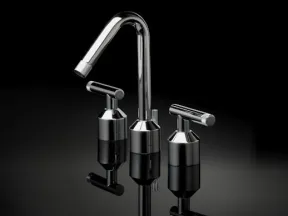 Modern chrome faucet with two lever handles reflecting on black glossy surface for bathroom or kitchen