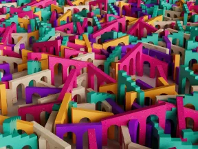 Colorful wooden staircase models with arches and steps in pink, orange, teal, purple, and beige arranged densely.