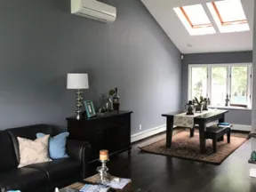Modern living and dining area with dark wood floors, gray walls, skylights, and comfortable black leather sofa.