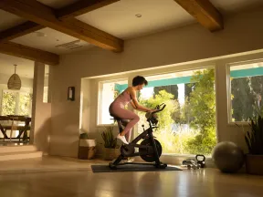 Woman in pink workout clothes cycling on a stationary bike by large sunny windows in a modern home gym.