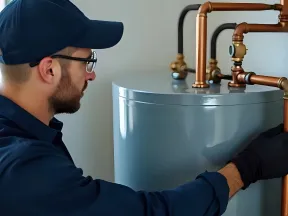 Technician in gloves inspecting copper pipes on a residential water heater unit in a utility room.