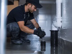 Plumber in black uniform fixing a water pipe leak on a wet floor in a dimly lit room.