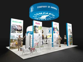 Exhibition booth for Company of Animals with displays for Baskerville, Halti, Pet Corrector, and Coach products.