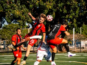 Soccer players in red and white jerseys jump to head the ball on a green field under a tree on a sunny day