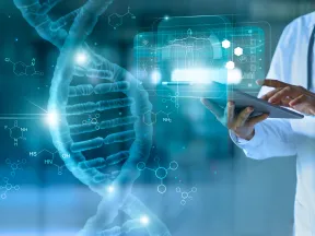 Doctor in white coat using digital tablet with DNA strand and medical icons floating in blue background