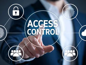 Businessman interacting with futuristic interface displaying access control and security icons