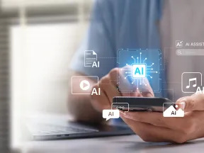 Person using smartphone with AI technology icons floating above, representing artificial intelligence applications.