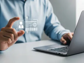 Businessman accessing digital ID card information while using a laptop at a clean white desk indoors.
