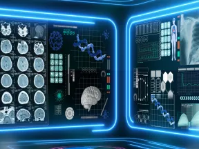 Advanced medical display screens showing brain scans, DNA visuals, patient data, and chest X-rays in a futuristic setting.