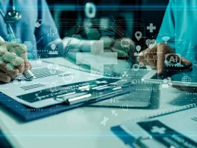 Medical professionals reviewing patient data on clipboard and tablet with healthcare digital icons overlay.