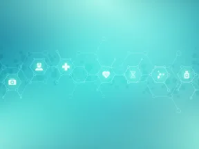 Abstract medical background with blue hexagons and healthcare icons like syringe, doctor, heart, and DNA strands.