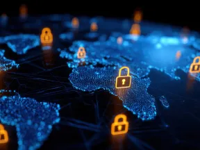 Digital world map with glowing blue data points and orange padlock icons symbolizing cybersecurity and data protection.