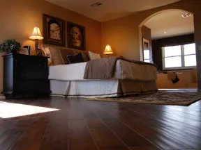a bedroom with a large bed