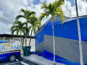 Blue and gray tented building for pest fumigation beside Royal Pest & Termite service van and palm trees.