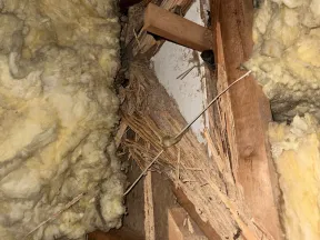 Damaged wooden beams with yellow insulation in an attic showing signs of decay and splintering wood.