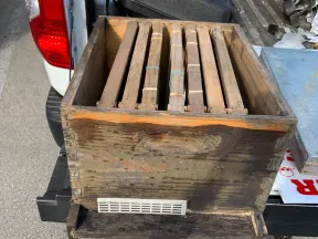 Weathered wooden bee hive box with frames on the back of a pickup truck in a worksite setting.