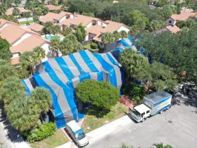 A residential house covered in blue and gray tenting for pest fumigation with company trucks nearby in a suburban neighborhood.