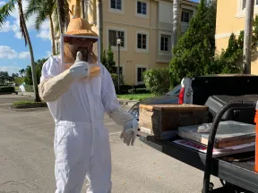Beekeeper in protective suit giving thumbs up next to a truck with beekeeping equipment in sunny outdoor setting