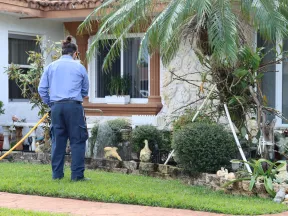 Gardener watering plants in a residential garden with shrubs and decorative stone sculptures during daytime