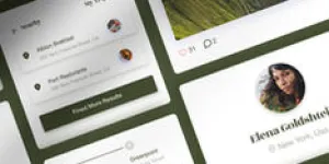 Close-up view of social media profile cards with user photos, comments, and interaction metrics on green background