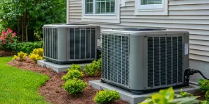 Two modern outdoor air conditioning units installed on concrete pads beside a house with landscaping