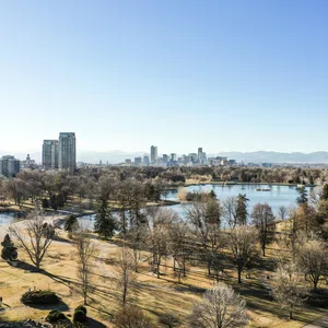 Aerial view of a city park with lakes and bare trees under a clear blue sky with urban skyline in the background