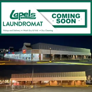 Lapels Laundromat coming soon with a modern facade and signage, showcasing services offered.