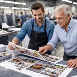 Two men examining print layouts in a modern printing facility with production equipment in the background.