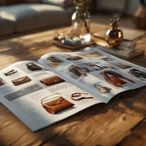 Fashion catalog lying open on a wooden table featuring handbags and clothing